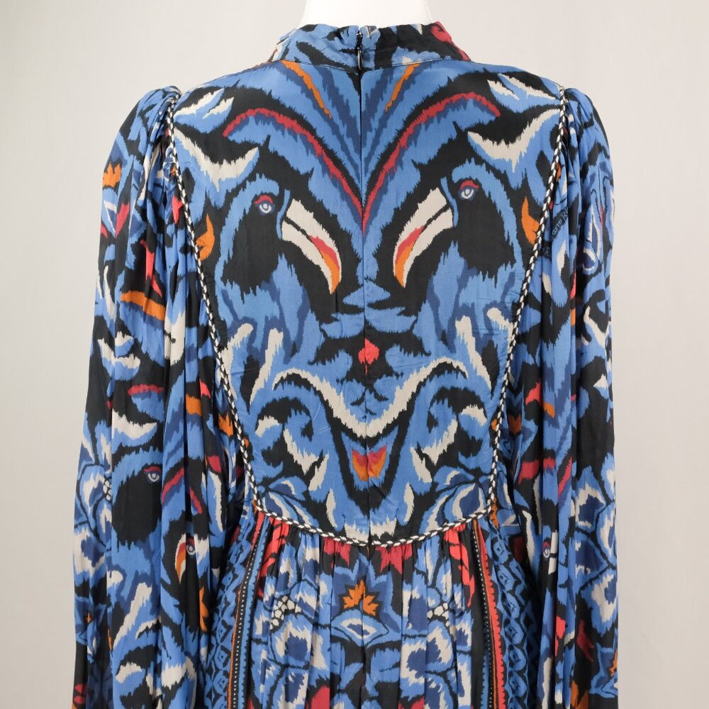 Farm Rio Gathered Printed Crepe de Chine Bishop-Sleeve Maxi Dress, Blue/Red, L - Picture 7 of 14